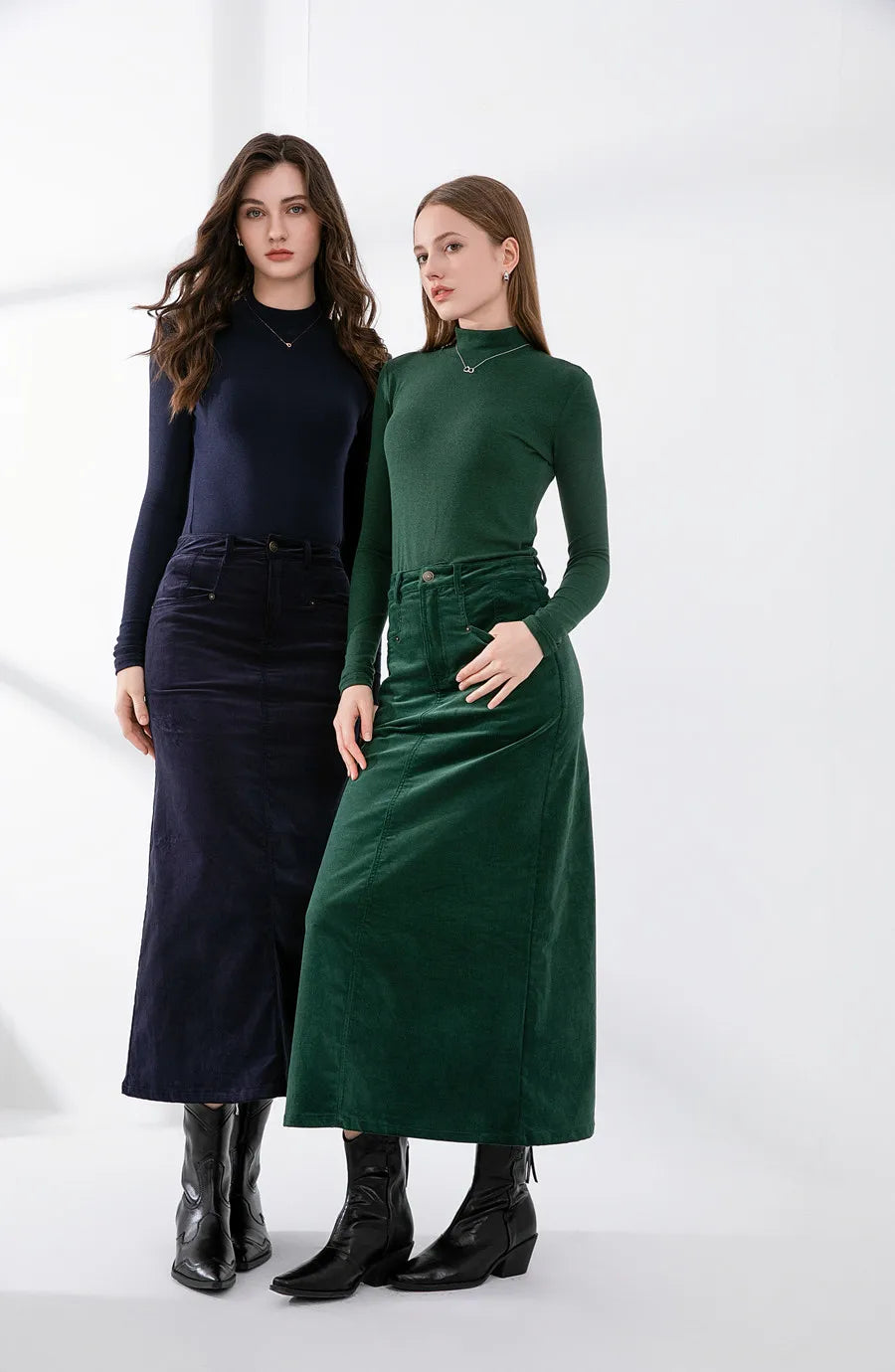 Christi Stretchy Corduroy Pocket Cotton Skirt and Turtleneck Set