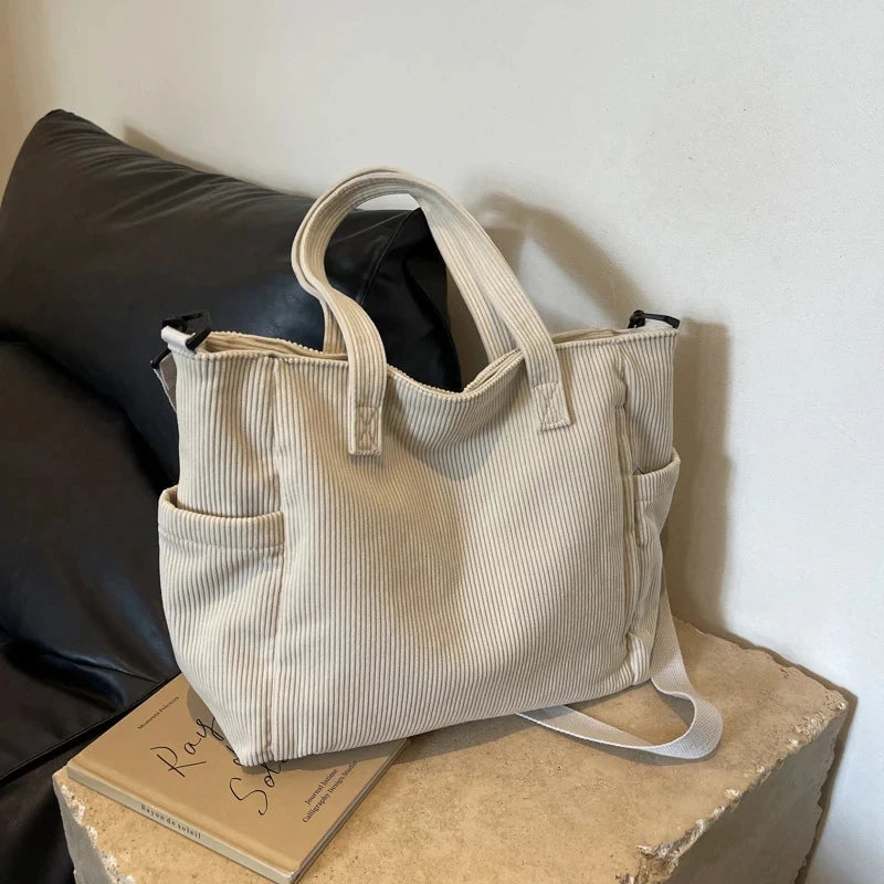 Women Corduroy Tote Bag Casual Multi Pocket Handbag Adjustable Strap Crossbody Sling Bag Zipper Shoulder Bag