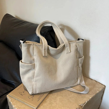 Women Corduroy Tote Bag Casual Multi Pocket Handbag Adjustable Strap Crossbody Sling Bag Zipper Shoulder Bag