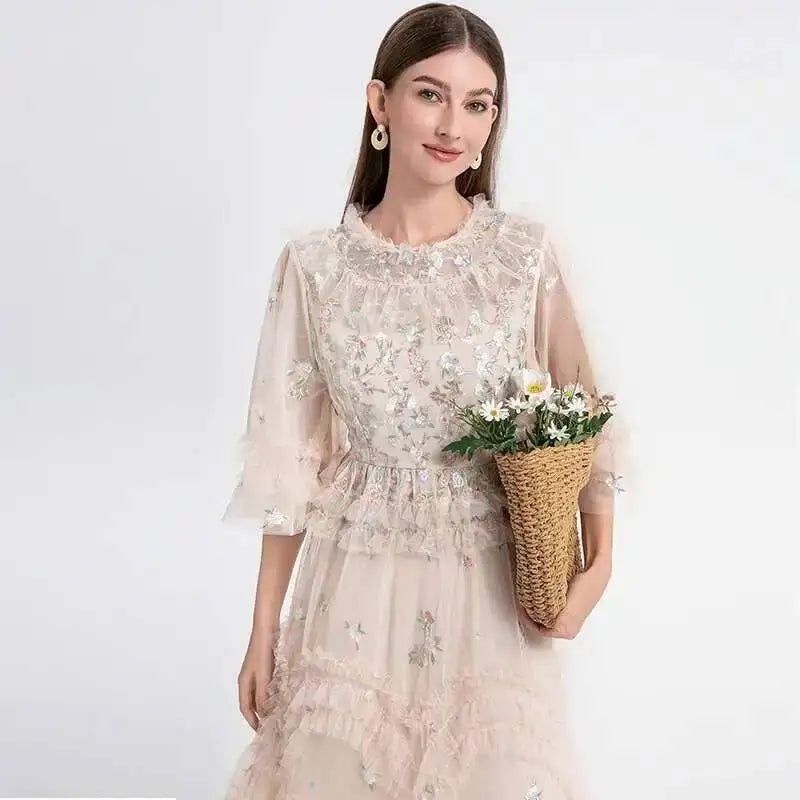 Atelier Vestidos - Midi Embroidery Flower Ruffles Midi Party Dress - Mod Yours