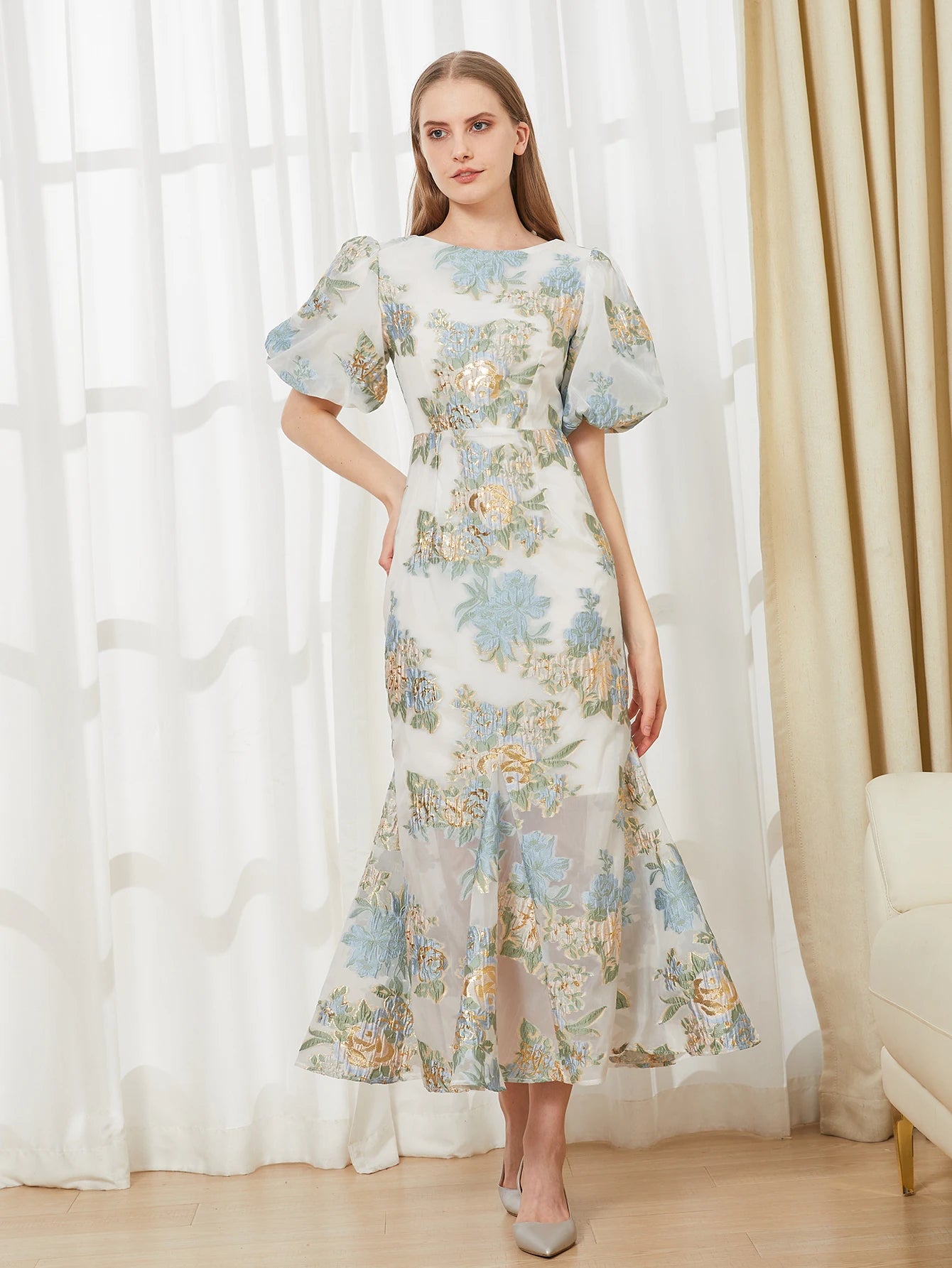 DEVCHATA Elegant Floral Organza Fishtail Long Dress Maxi Luxury Mermaid Evening Dress Puff Sleeve Fashion Slim Party Club Dress - Mod Yours