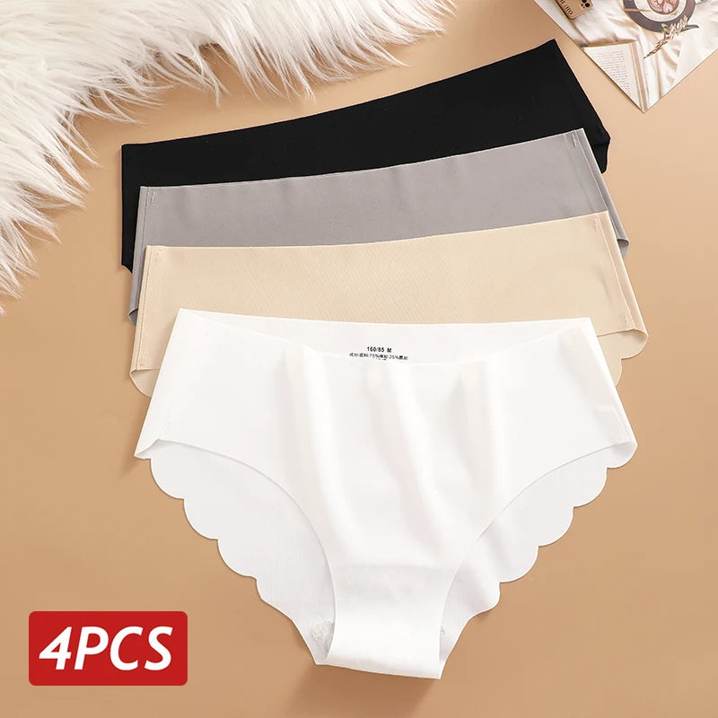 Seamless Panties 4PCS/Set Women's Briefs Solid Color Elastic Underwear Female Ultra Thin No Trace Wavy Side Panties