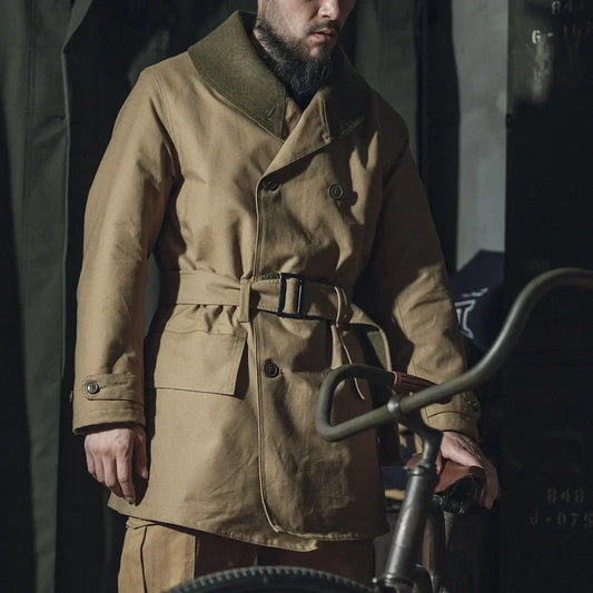 Rugged Bronson 1938 Mackinaw Coat with Woolen Lining Winter Heavy-Duty Men's Parka on model with bicycle.