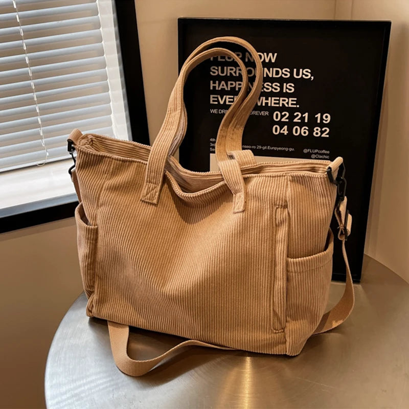 Women Corduroy Tote Bag Casual Multi Pocket Handbag Adjustable Strap Crossbody Sling Bag Zipper Shoulder Bag