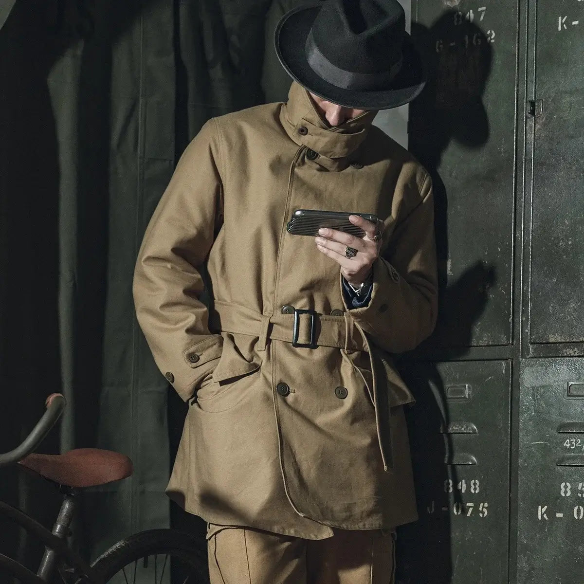 Rugged Bronson 1938 Mackinaw Coat with Woolen Lining Winter Heavy-Duty Men's Parka worn by a man in a brown coat and hat.