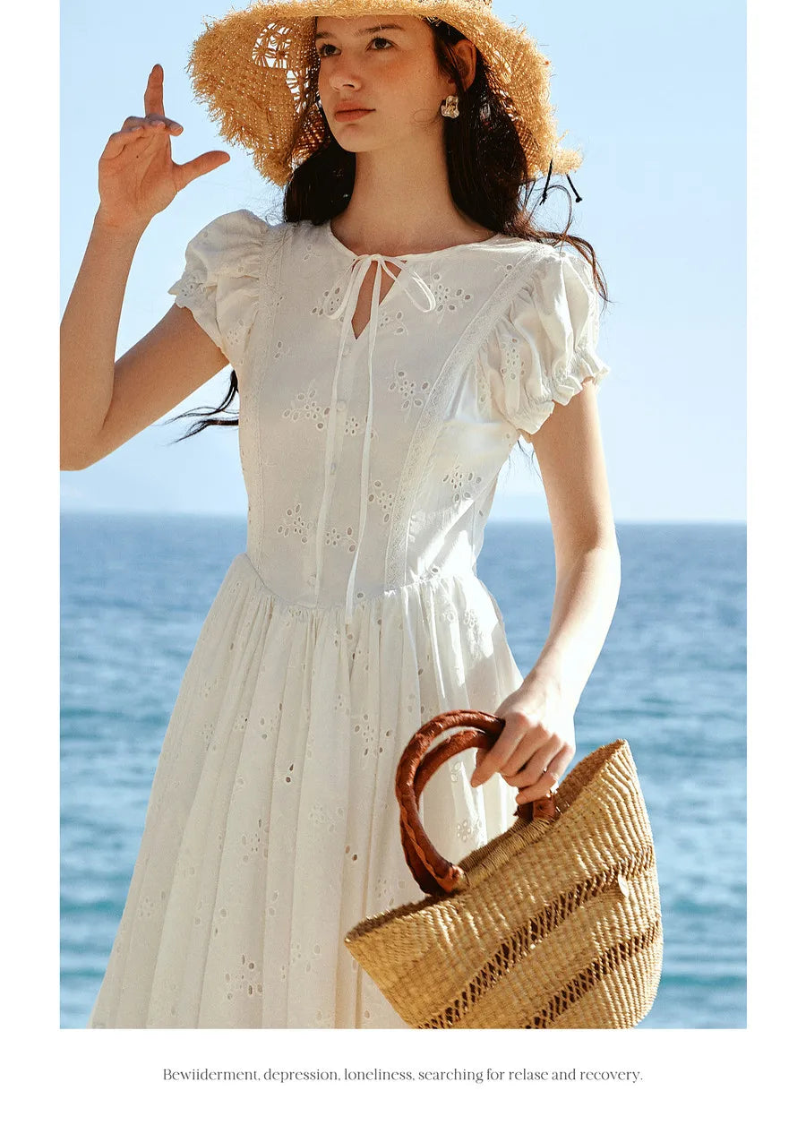 Sweet French White Midi Dress, Summer Embroidery Cotton - Mod Yours