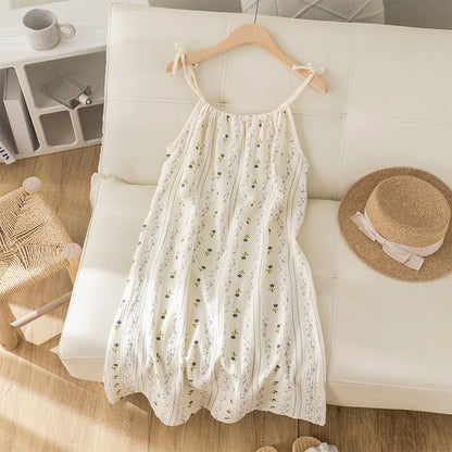 Summer Thin Cotton Nightgown Women's Dressy Smocked Strap Sleepwear Floral Print Pure Cotton Gauze Small Size Nightgown