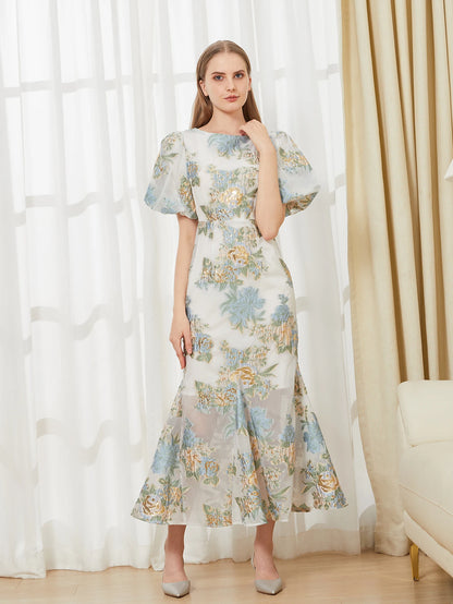 DEVCHATA Elegant Floral Organza Fishtail Long Dress Maxi Luxury Mermaid Evening Dress Puff Sleeve Fashion Slim Party Club Dress - Mod Yours