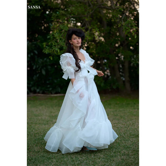 Sansa Organza White Puff Sleeve Dress, Sweet Edge Curl Organza Party Dresses Floor-length