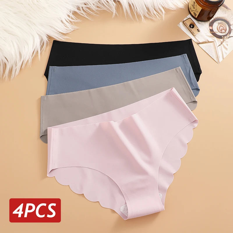 Seamless Panties 4PCS/Set Women's Briefs Solid Color Elastic Underwear Female Ultra Thin No Trace Wavy Side Panties