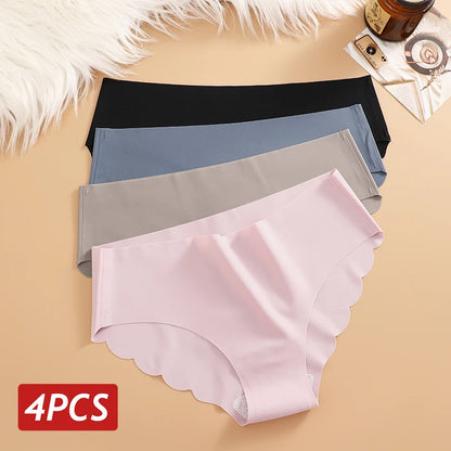 Seamless Panties 4PCS/Set Women's Briefs Solid Color Elastic Underwear Female Ultra Thin No Trace Wavy Side Panties