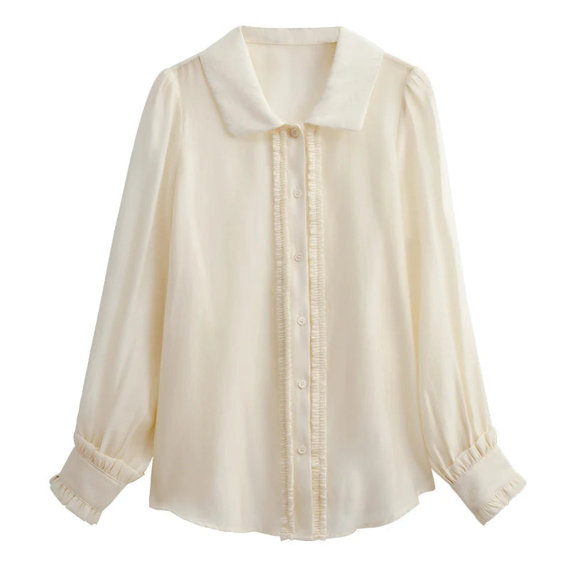 OLrain Puff Sleeve Shirt Women Autumn 2026 Elegant Solid Long Sleeve Tops Pleats Button Lightweight Ladies Blouse O21QC52660 - Mod Yours
