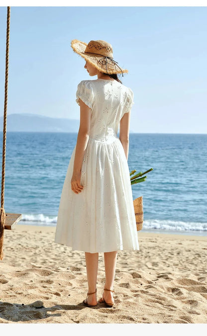 Sweet French White Midi Dress, Summer Embroidery Cotton - Mod Yours