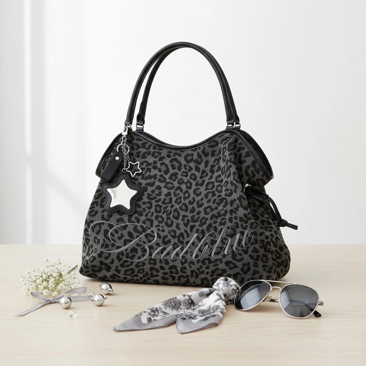 BadBlue Embroidered Leopard Print Tote Bag Large Capacity Shoulder Bag with Star Mirror Pendant Y2K Trendy Women Handbag