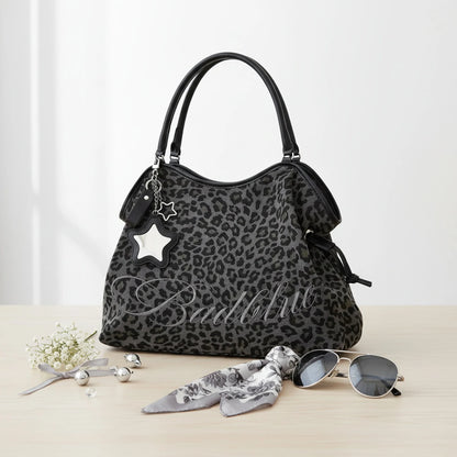 BadBlue Embroidered Leopard Print Tote Bag Large Capacity Shoulder Bag with Star Mirror Pendant Y2K Trendy Women Handbag