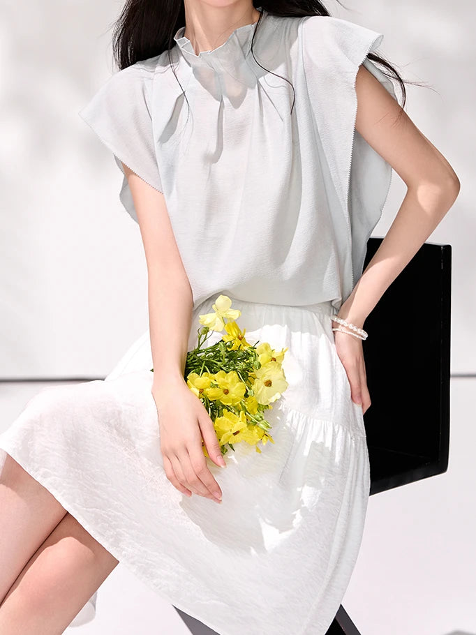 Sheree Ruffled Stand Collar Pleated Women's T-shirt - Mod Yours