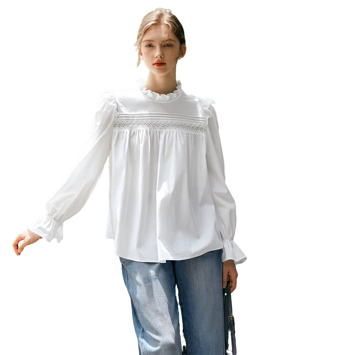 OLrain Long Puffed Sleeves Shirts Women Loose Straight Blouses 2026 Autumn New Solid Lace Neck Chiffon Office Lady M56QC93093 - Mod Yours