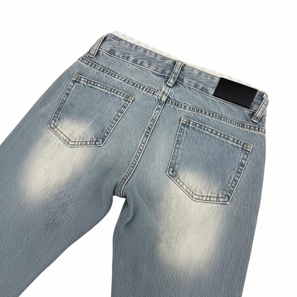 Retro Plus American Low Waist Extended Bell Bottom Jeans Women Summer New High Street Slim Fit Commute Floor-Length Lace