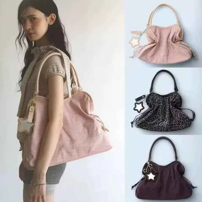 Korean BadBlue Embroidered Leopard Print Tote Bag Large Capacity Shoulder Bag with Star Mirror Pendant Y2K Trendy Women Handbag