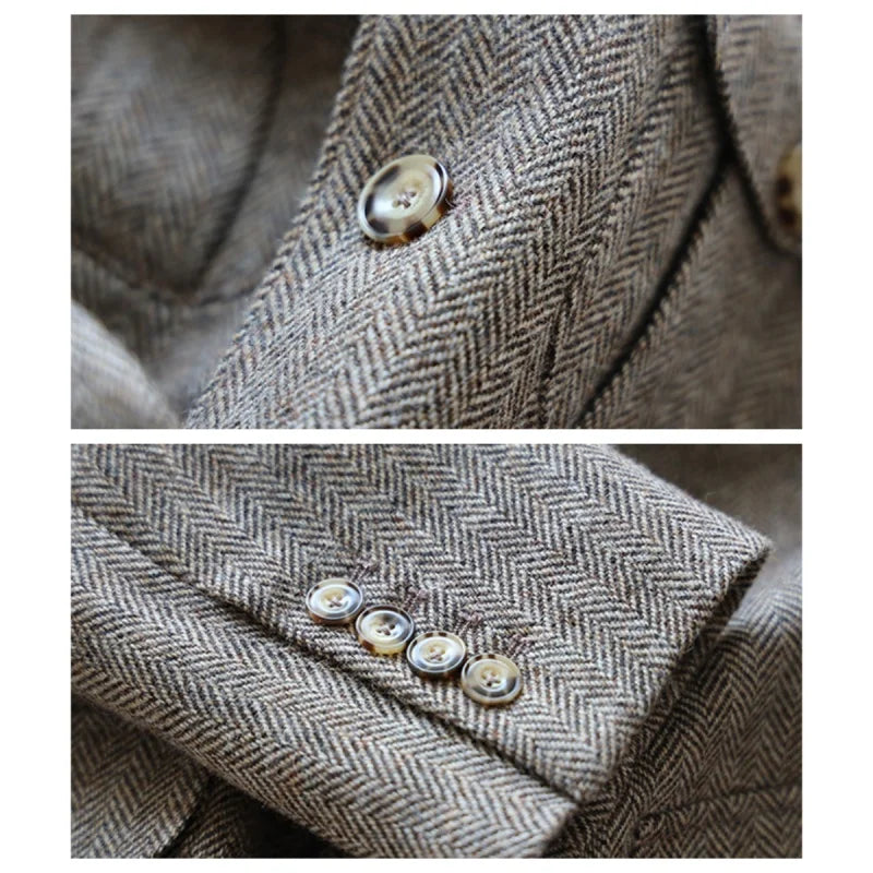 Vintage British Herringbone Tweed Tweed Hunting Casual Stand Collar Multiple Pockets Jacket Men's Suit Thick Everyday Blaze