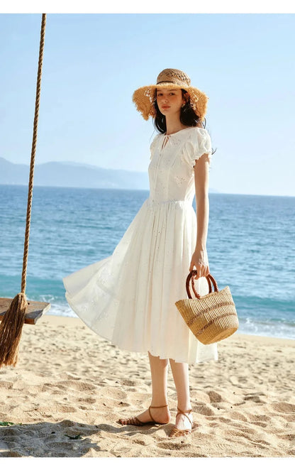 Sweet French White Midi Dress, Summer Embroidery Cotton - Mod Yours