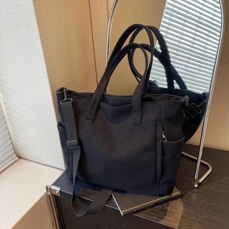 Women Corduroy Tote Bag Casual Multi Pocket Handbag Adjustable Strap Crossbody Sling Bag Zipper Shoulder Bag