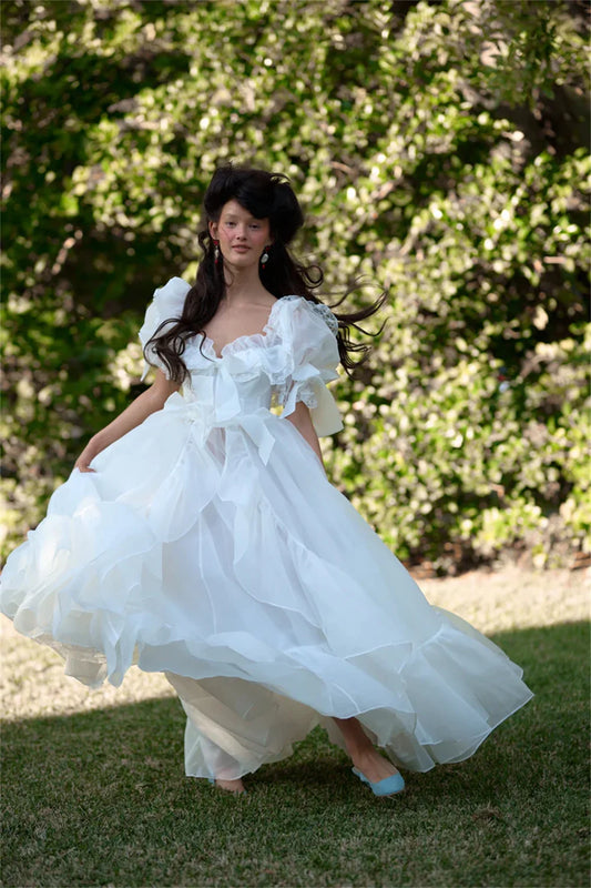 Sansa Organza White Puff Sleeve Dress, Sweet Edge Curl Organza Party Dresses Floor-length