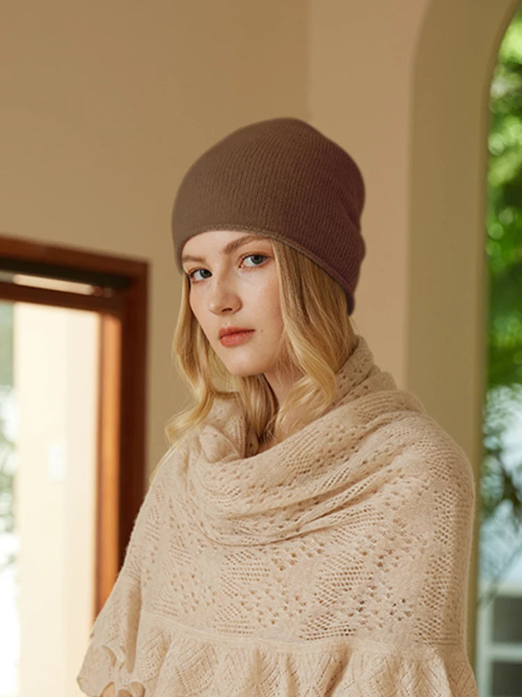 Unibody 100% Cashmere Beanies Simple Basic Solid Women Caps Rolled Hem Hat Knit Hat Winter Spring Warm Sleep Unisex Hair Bonnet