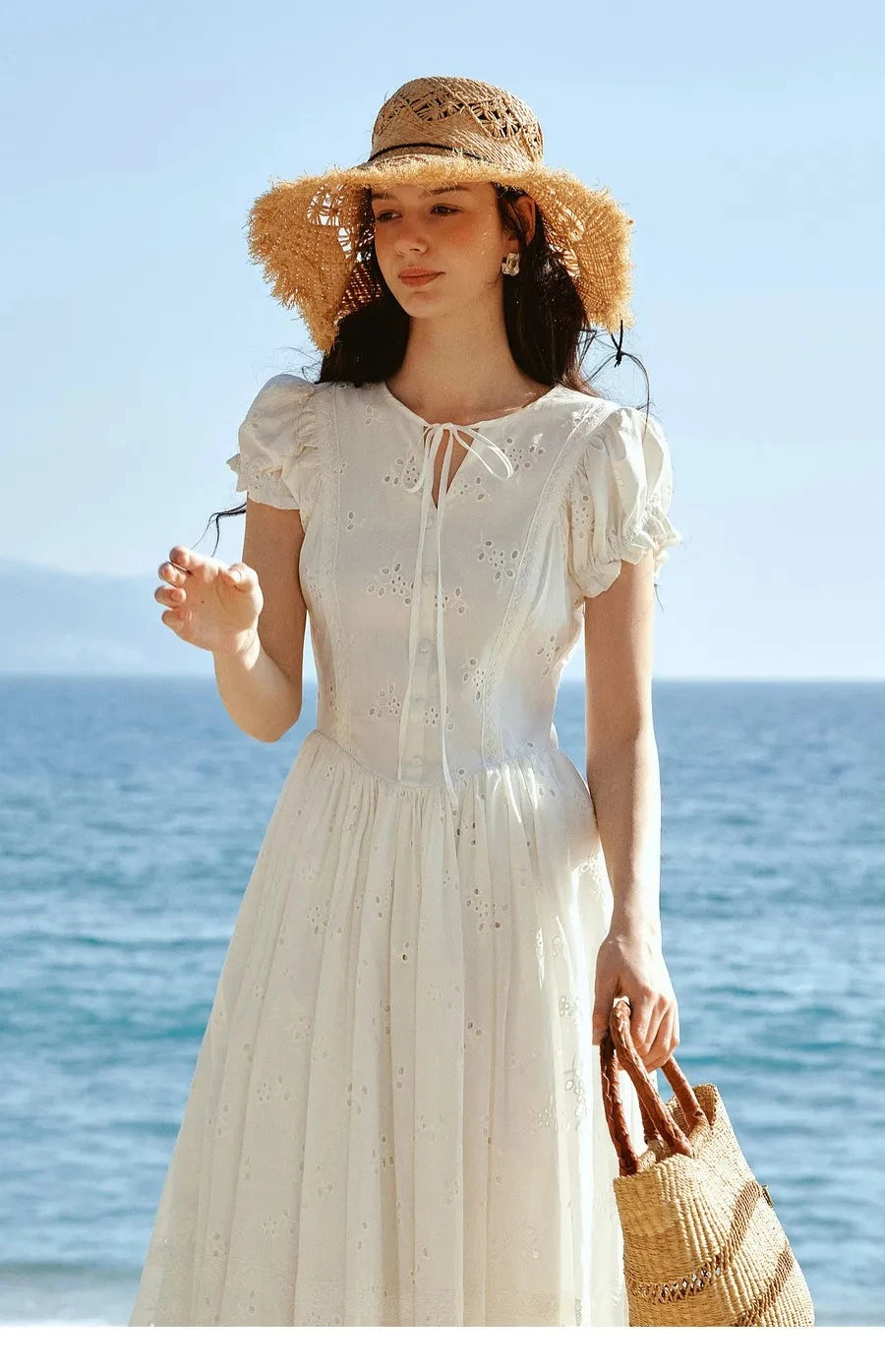 Sweet French White Midi Dress, Summer Embroidery Cotton - Mod Yours