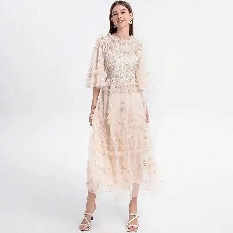 Atelier Vestidos - Midi Embroidery Flower Ruffles Midi Party Dress - Mod Yours