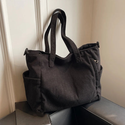 Women Corduroy Tote Bag Casual Multi Pocket Handbag Adjustable Strap Crossbody Sling Bag Zipper Shoulder Bag