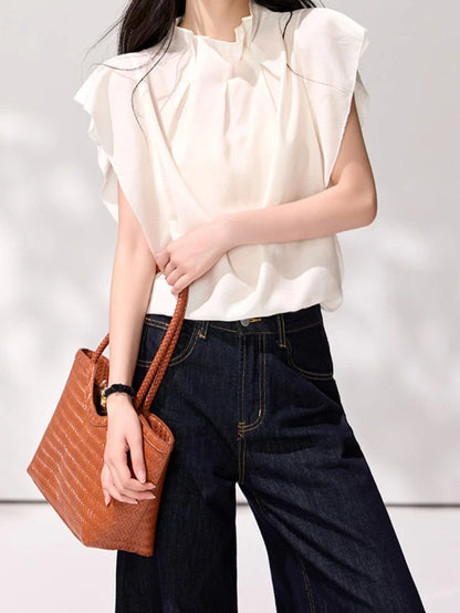 Sheree Ruffled Stand Collar Pleated Women's T-shirt - Mod Yours