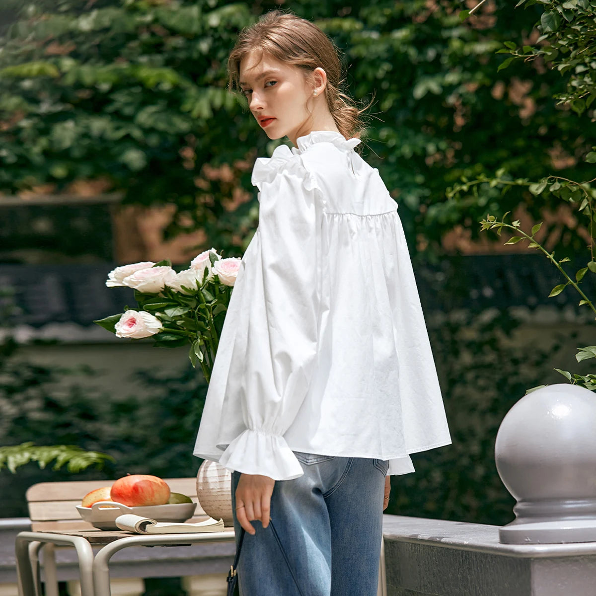 OLrain Long Puffed Sleeves Shirts Women Loose Straight Blouses 2026 Autumn New Solid Lace Neck Chiffon Office Lady M56QC93093 - Mod Yours