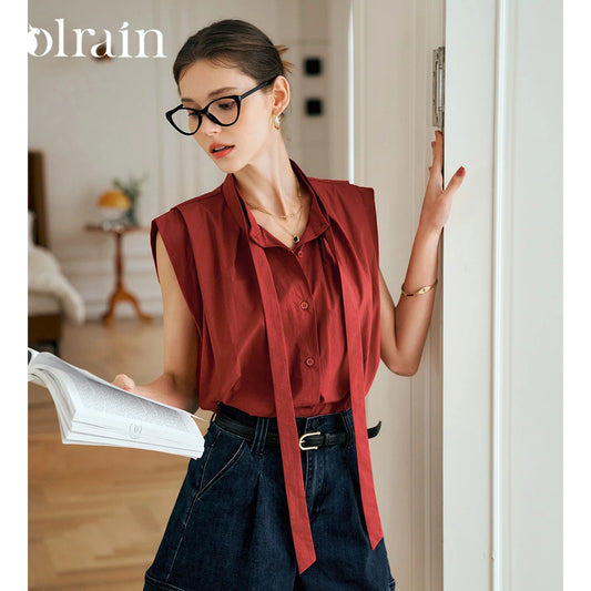 OLrain Women's Summer Red Shirts 2026 Elegant Stand Up Bow Neck Short Sleeve Commuter Ladies Tops Female Clothing O57XC92393 - Mod Yours