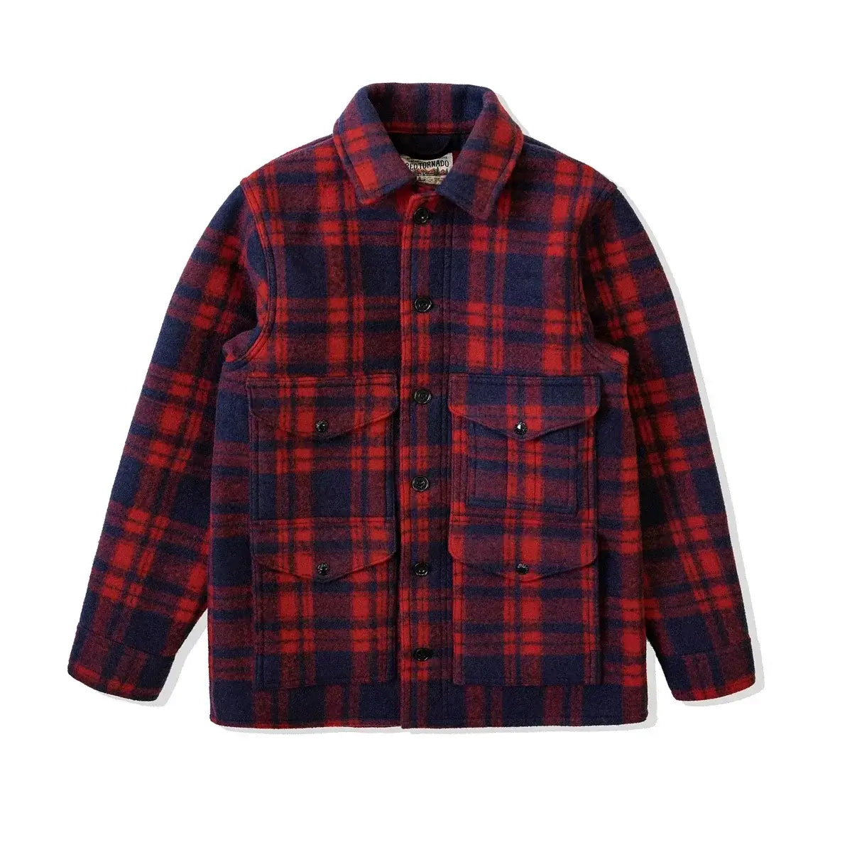 Red Tornado Woolen Plaid Jacket, Heritage Style Mens Red/Blue Checked Work Coat Thick Flannel on a white background.