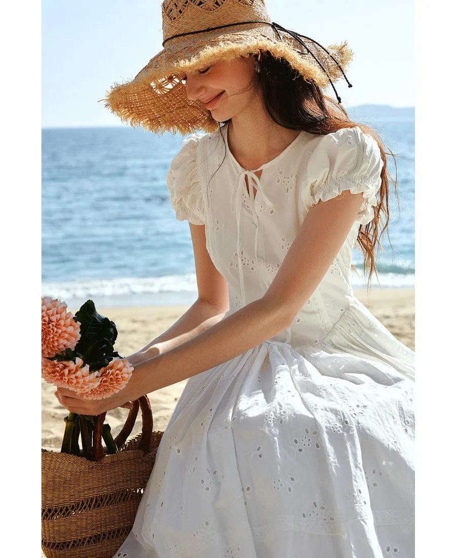 Sweet French White Midi Dress, Summer Embroidery Cotton - Mod Yours