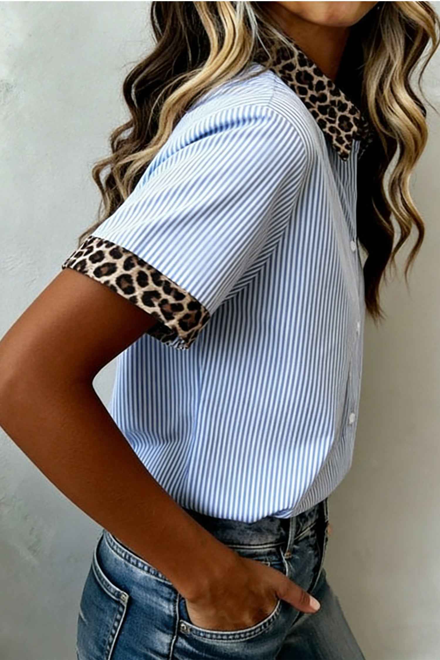Sky Blue Stripe Leopard Contrast Collar Short Sleeve Shirt