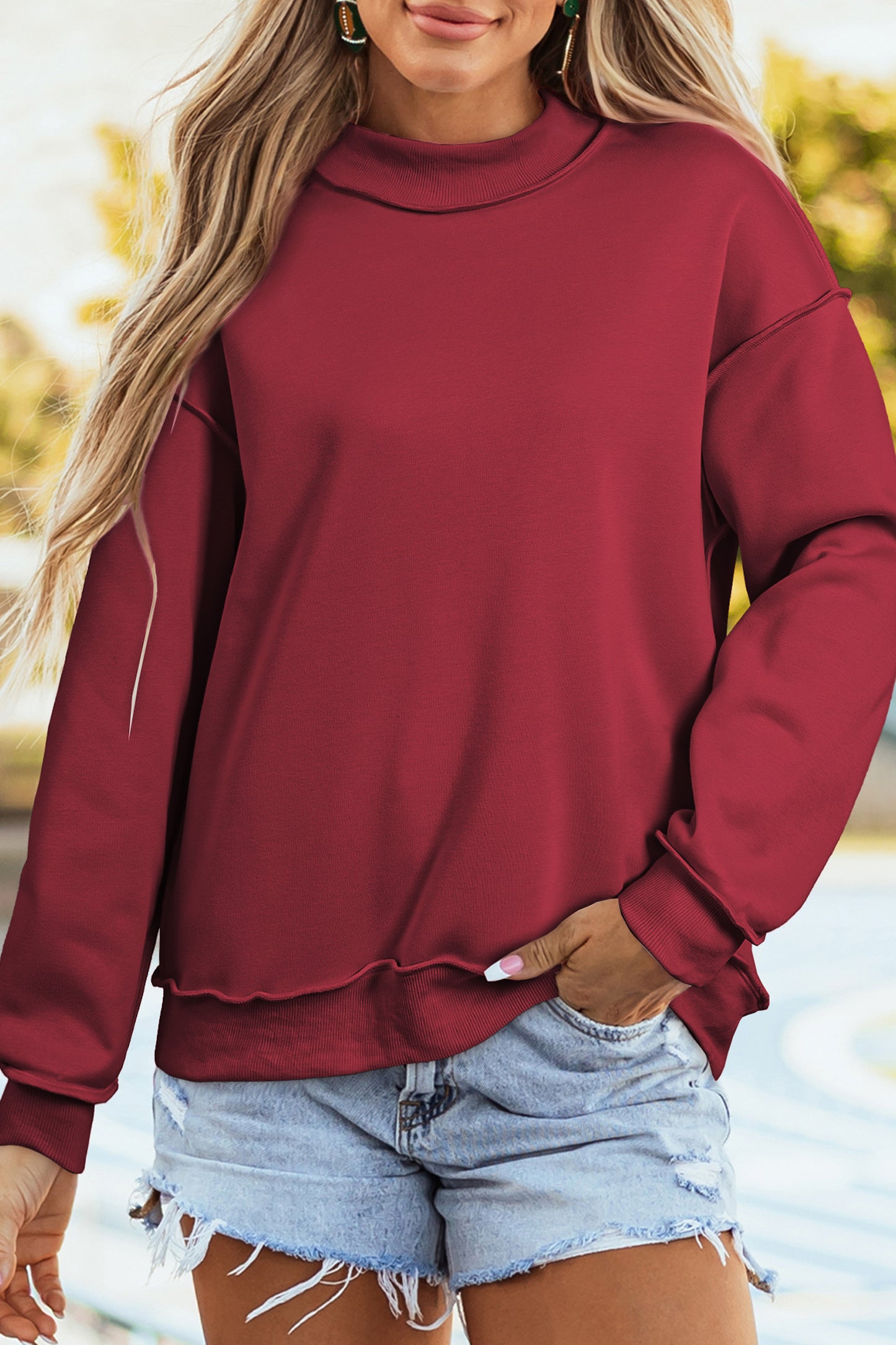 Dark Blue Oversize Drop Shoulder Reversible Mock Neck Sweatshirt