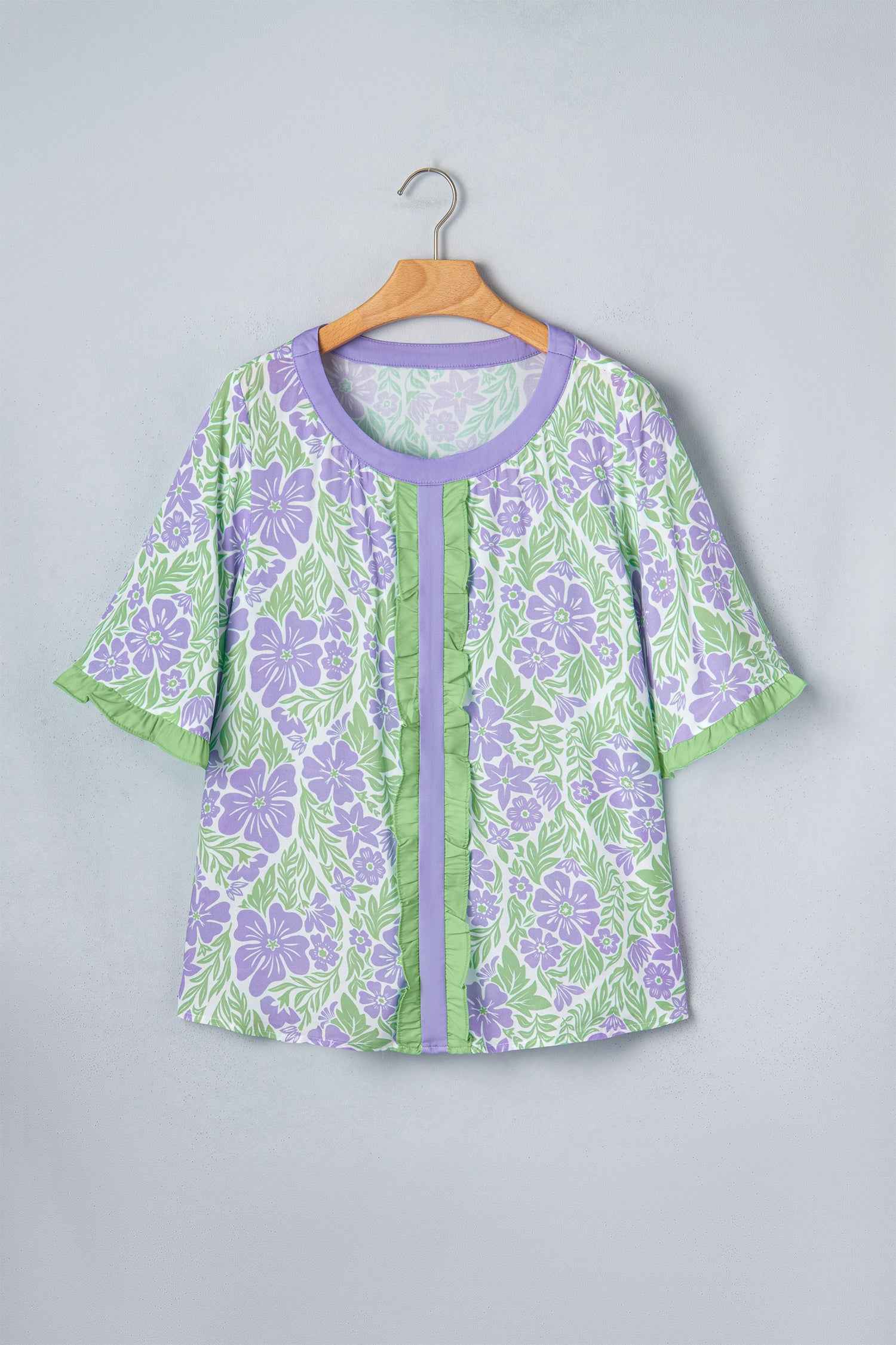 Purple Floral Print Ruffled Color Block Trim Half Sleeve Blouse