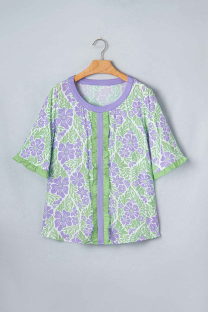 Purple Floral Print Ruffled Color Block Trim Half Sleeve Blouse