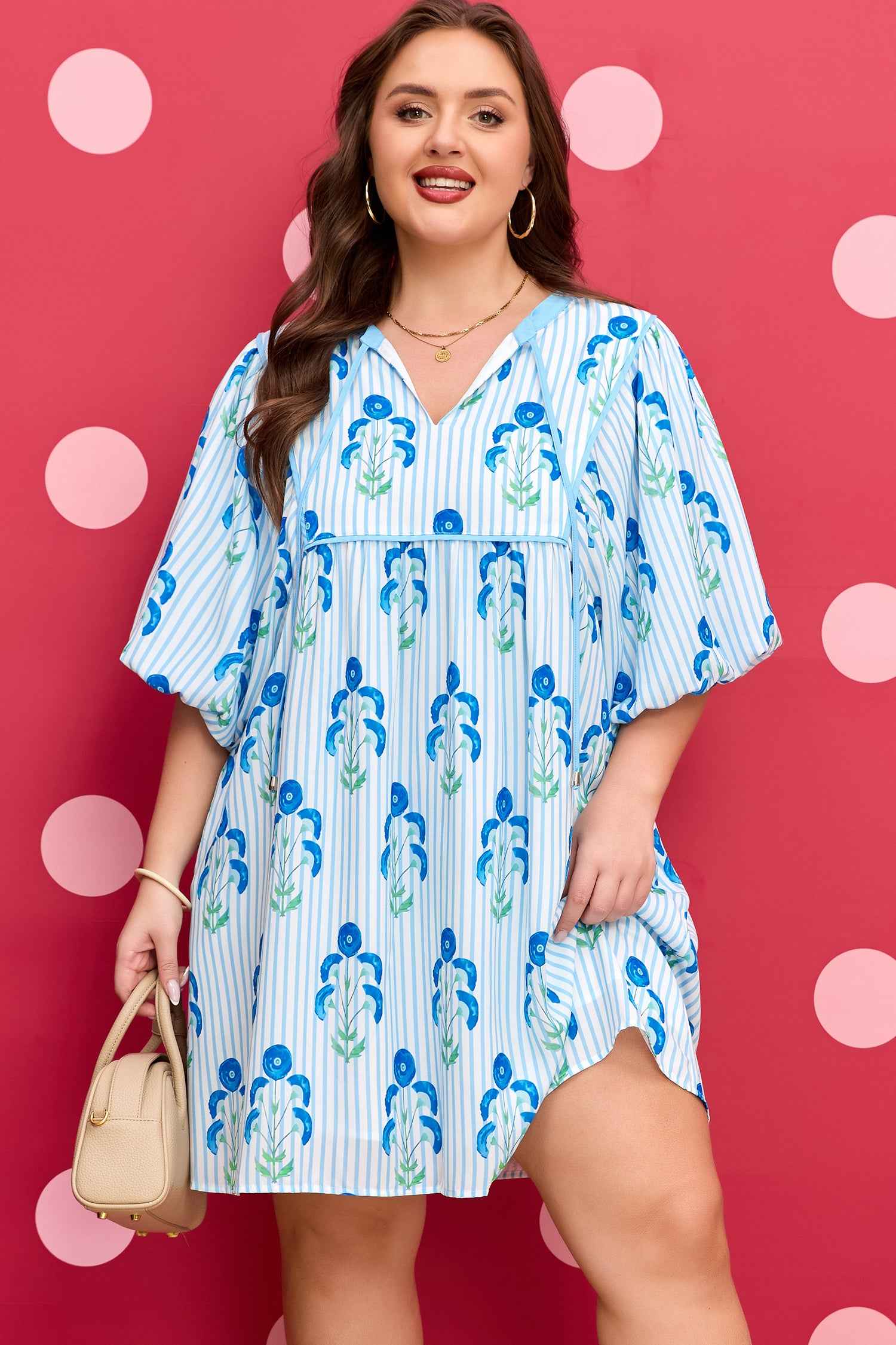 Sky Blue Floral Striped Bubble Short Sleeve Plus Size Dress Sky Blue Floral Striped Bubble Short Sleeve Plus Size Dress