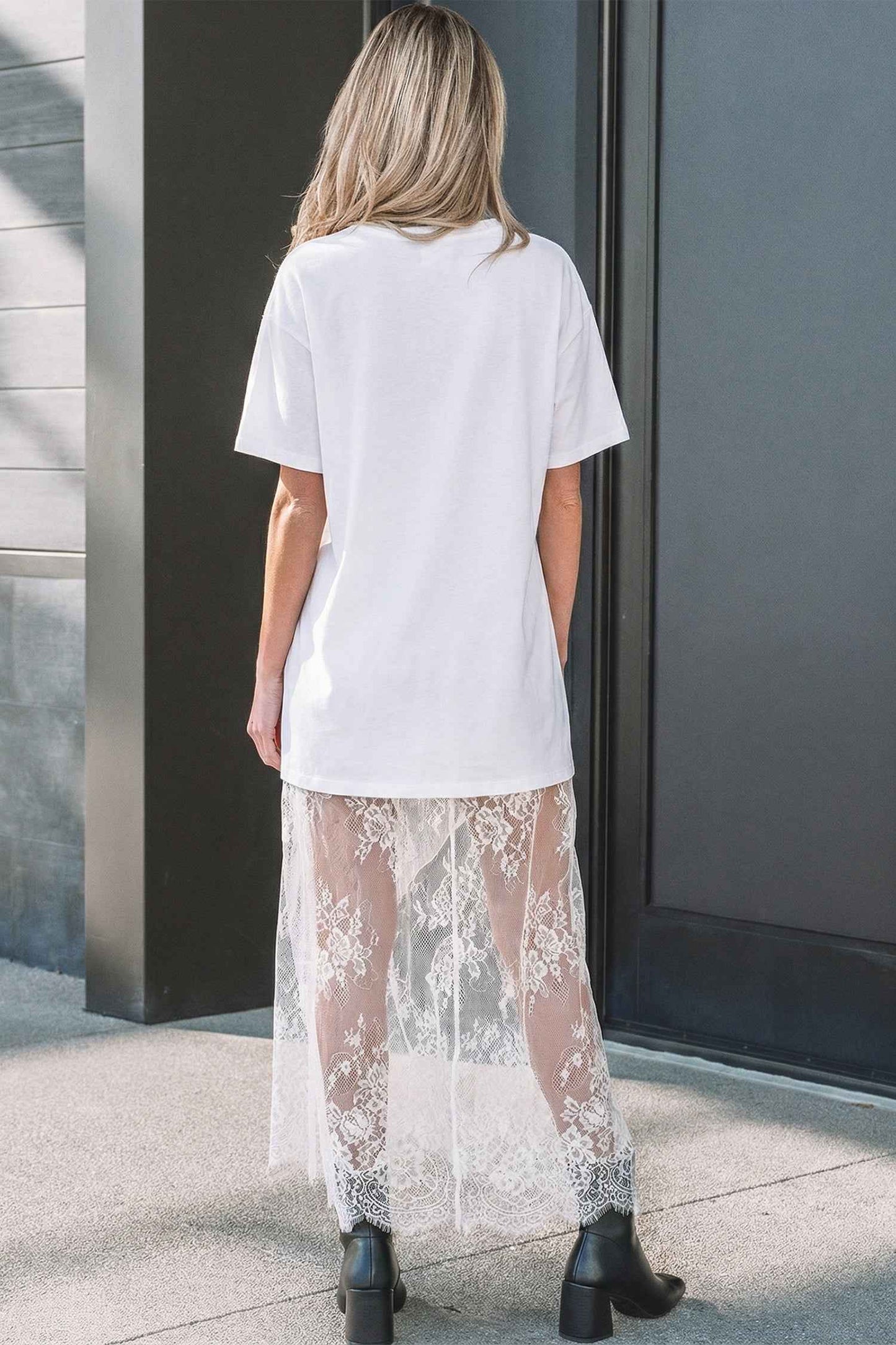 White Floral Patchwork Short Sleeve T Shirt Loose Maxi Dress
