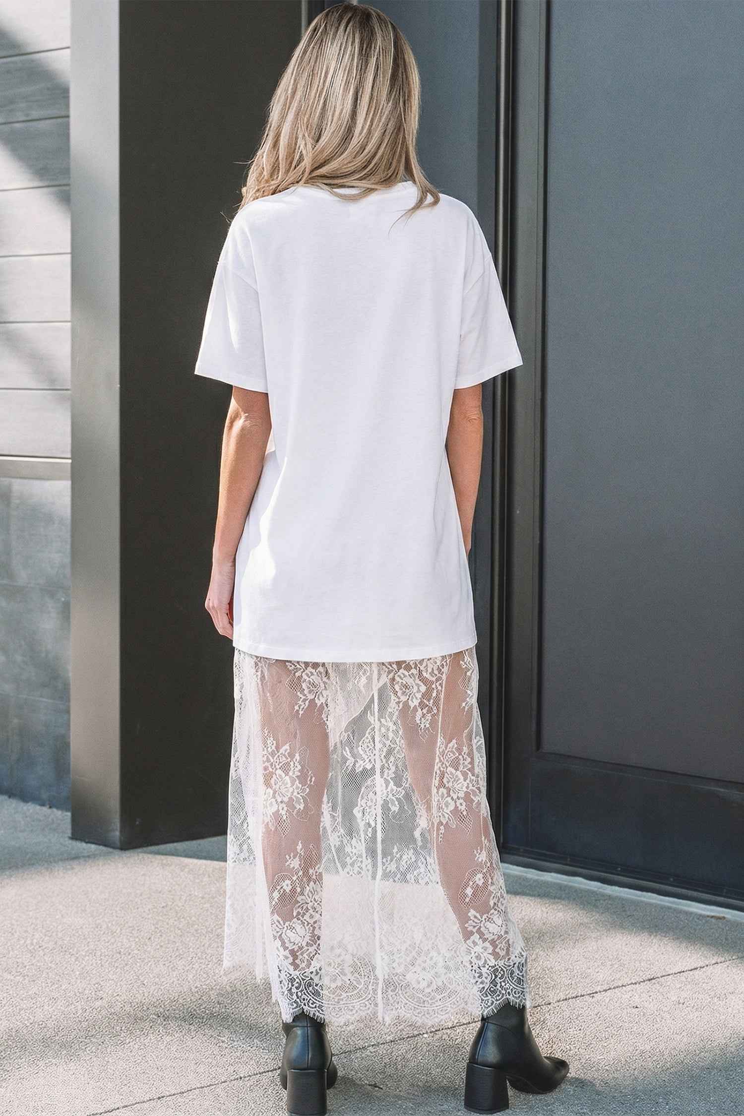 White Floral Patchwork Short Sleeve T Shirt Loose Maxi Dress