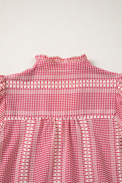 Brown Western Pony Embroidered Yoke Puff Sleeve Gingham Blouse