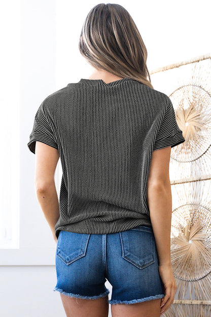Light Blue Corded Knit Color Block Pocketed Crew Neck T Shirt
