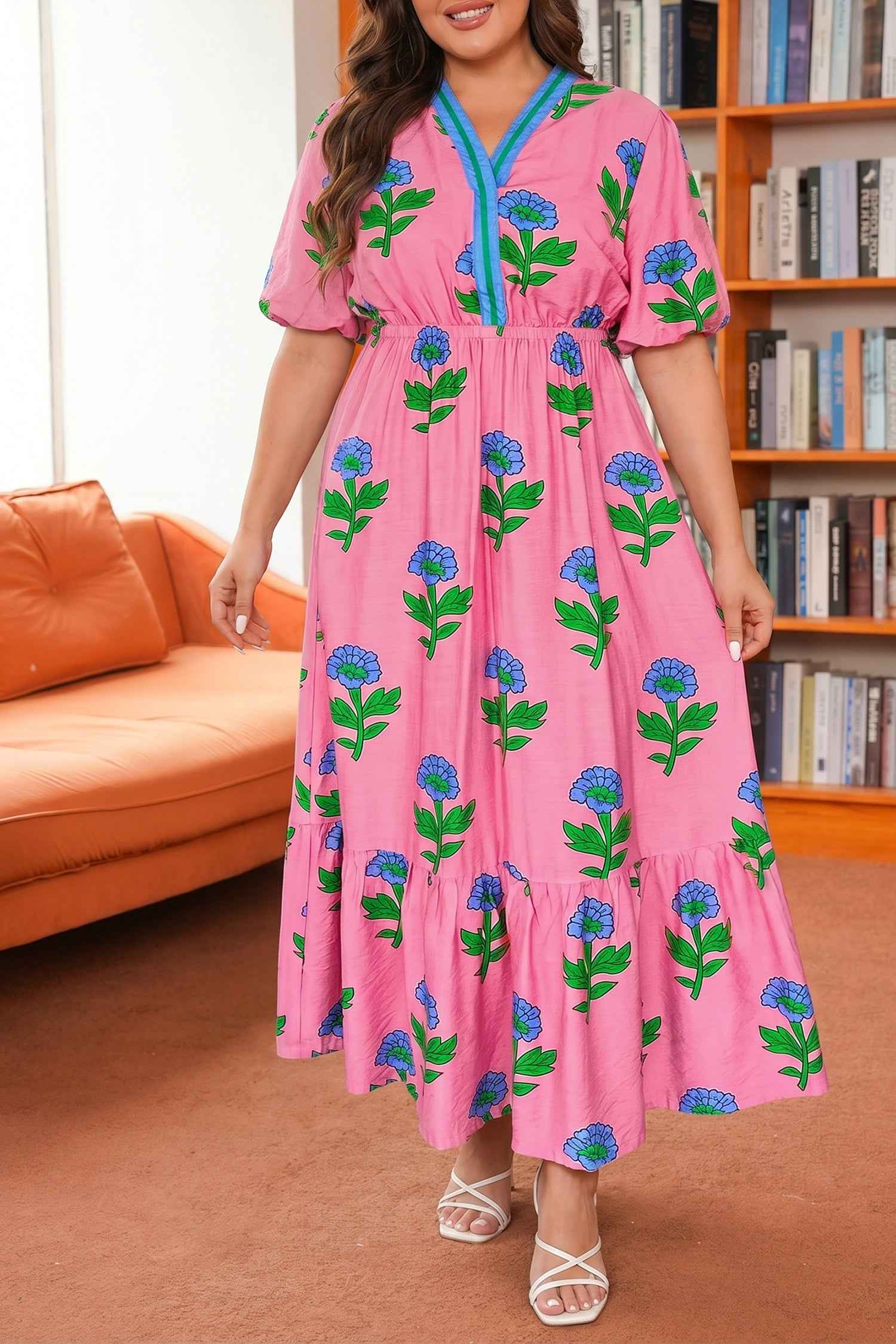 Pink Plus Size Striped V Neck Ruffled Floral Long Dress