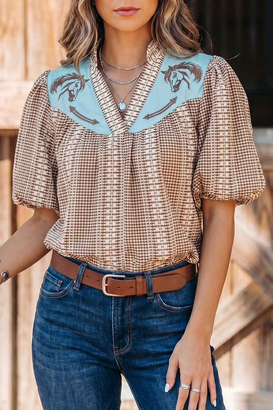 Brown Western Pony Embroidered Yoke Puff Sleeve Gingham Blouse