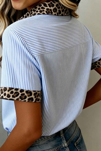 Sky Blue Stripe Leopard Contrast Collar Short Sleeve Shirt