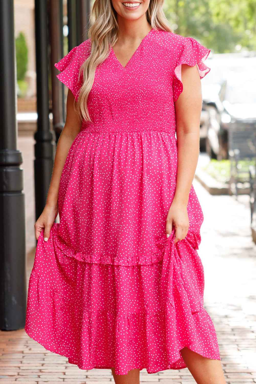 mod midi dress Rose Polka Dot Print Ruffled Smocked High Waist Plus Midi Dress