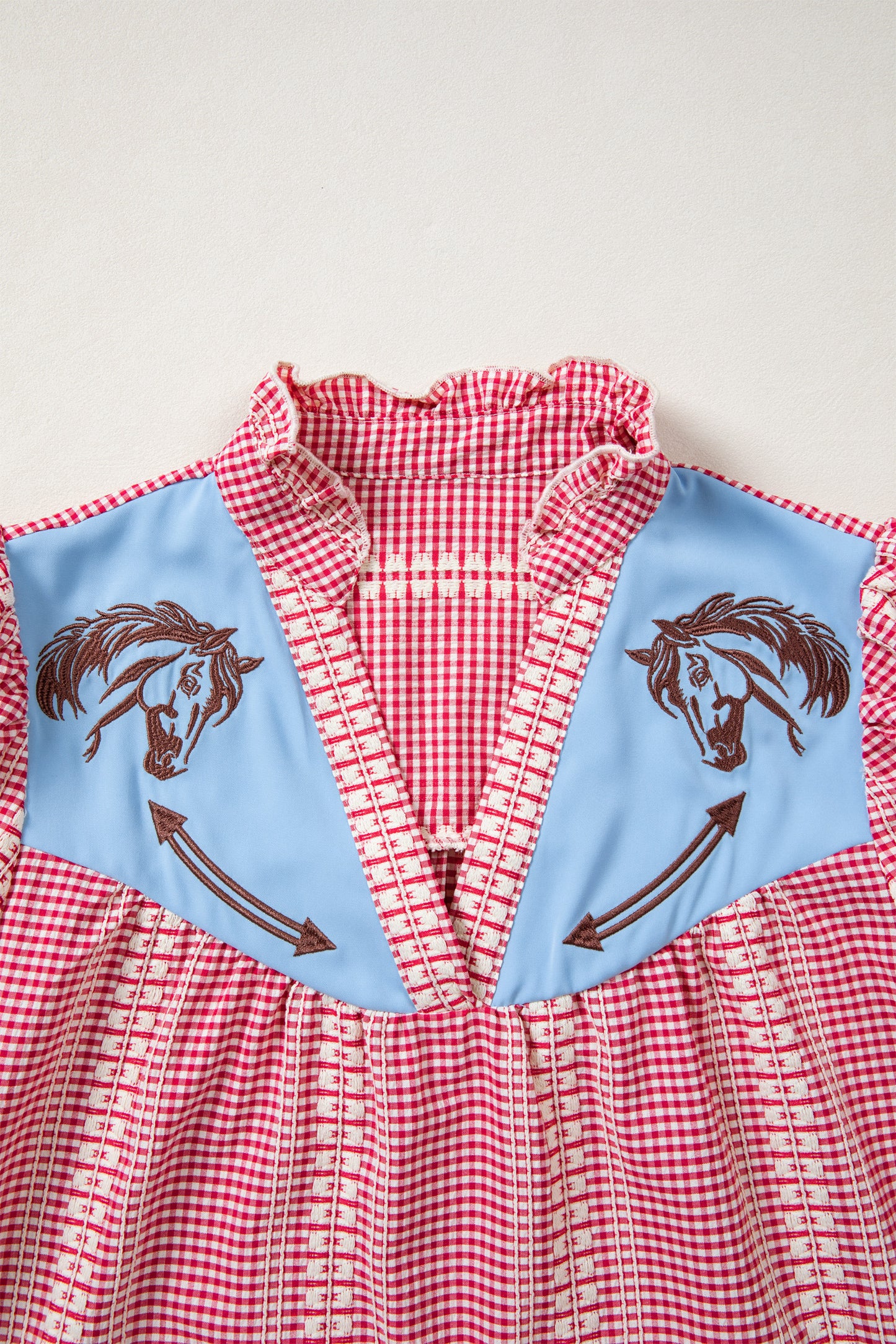 Brown Western Pony Embroidered Yoke Puff Sleeve Gingham Blouse